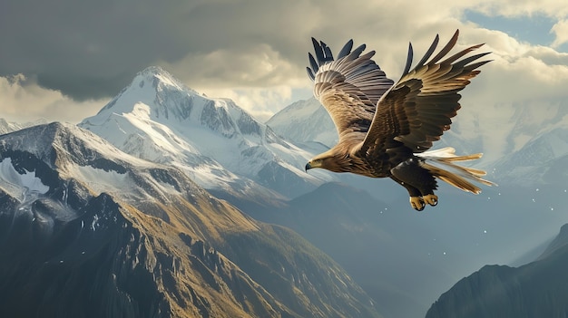Un aigle majestueux survolant une chaîne de montagnes capturant l'essence de la liberté et la beauté crue de la faune La toile de fond met en évidence la grâce des animaux et la diversité de la nature