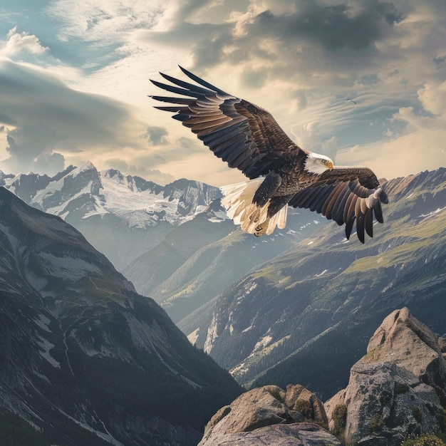 Un aigle majestueux en vol au-dessus d'un paysage montagneux accidenté montrant la grâce et le pouvoir de la nature.