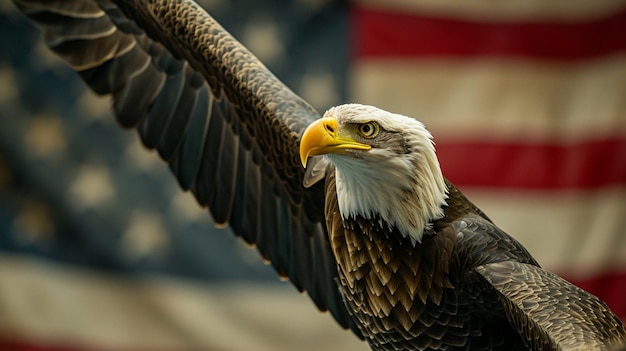 Aigle patriotique prenant ses ailes devant le drapeau américain