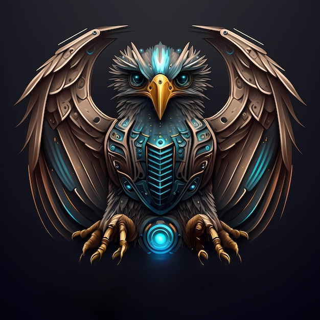 un aigle en peluche aux yeux bleus portant un robot en uniforme coloré robot aigle cyberpunk génératif ai