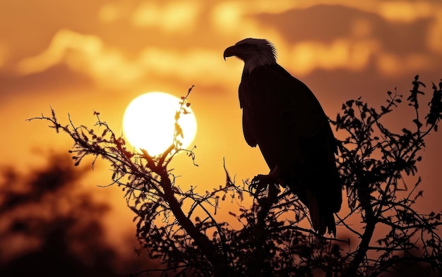 un aigle perché sur une cime d'arbre à la silhouette du soleil couchant