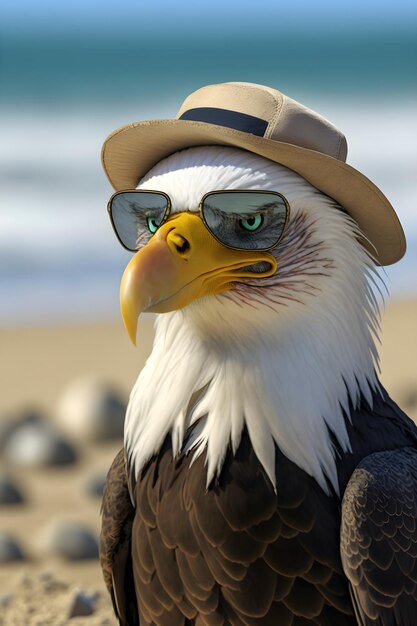 Un aigle à la plage portant des lunettes