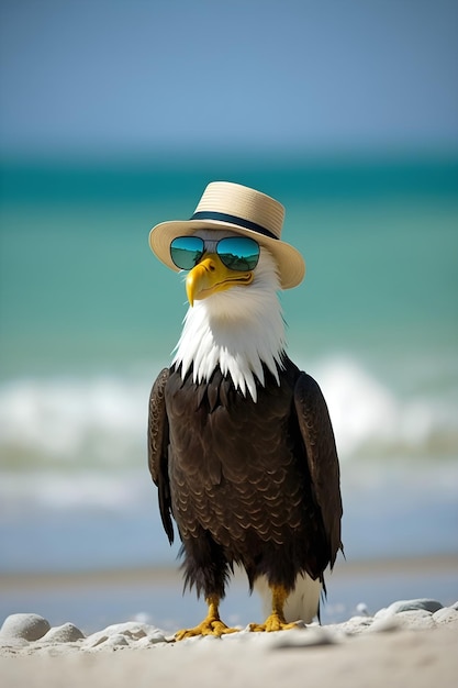 Photo un aigle à la plage portant des lunettes