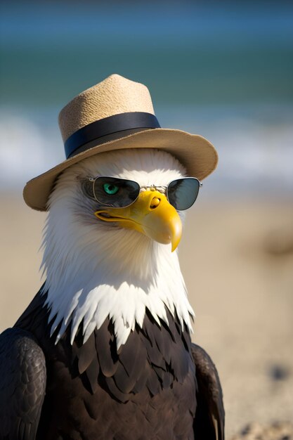 Un aigle à la plage portant des lunettes