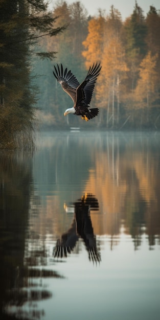 Aigle planant au-dessus d'un lac calme