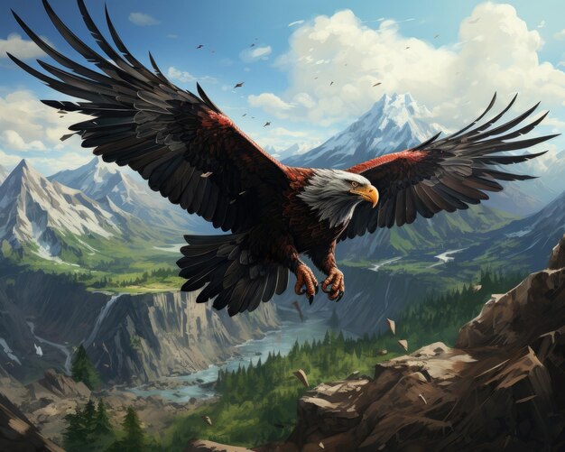 Un aigle plane majestueusement au-dessus d'une chaîne de montagnes Illustration Generative AI