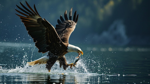 Un aigle en plein essor arrachant de la nourriture dans un étang