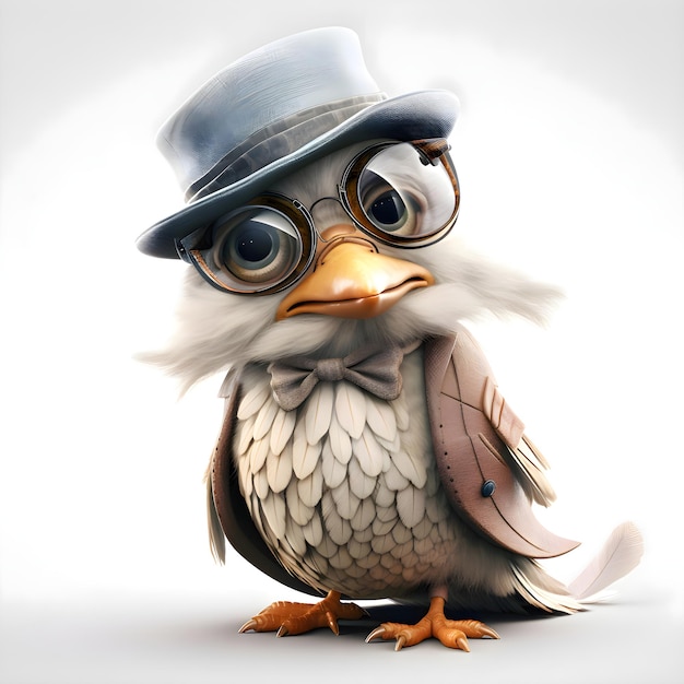 Aigle portant un chapeau et des lunettes illustration 3d