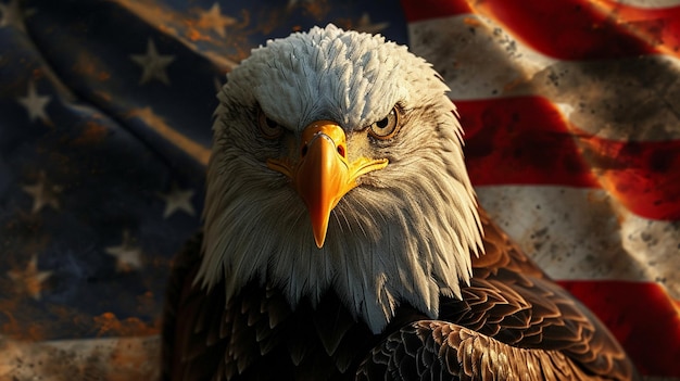 L'aigle regarde attentivement la caméra au milieu des drapeaux suivant un style qui rappelle