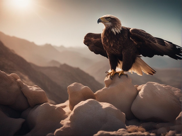 L'aigle sur un rocher avec le soleil derrière lui