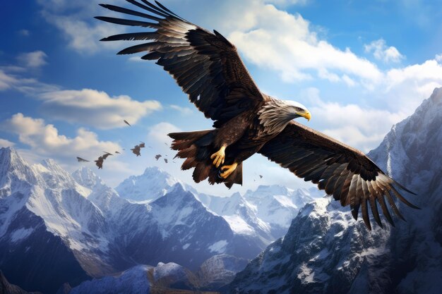 Photo un aigle s'élevant haut au-dessus d'une chaîne de montagnes un aigle chauve volant dans le ciel bleu ai généré