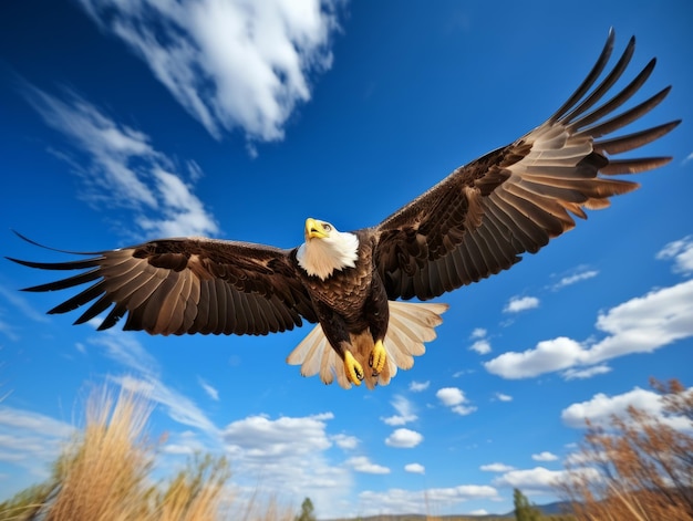 L'aigle s'élève contre le ciel bleu