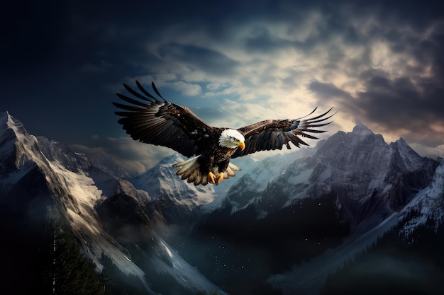 L'aigle s'élève haut dans le ciel cristallin, symbole de la majesté de la saison froide.