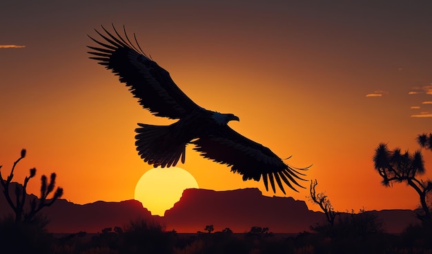 Un aigle survole un paysage désertique au coucher du soleil.