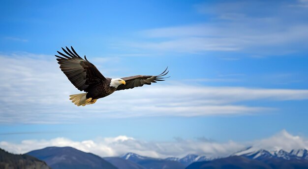 L'aigle à tête blanche américain s'élève contre le ciel bleu de l'Alaska.