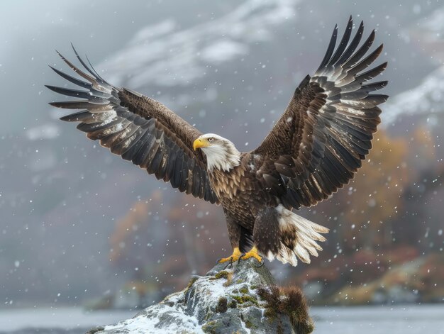 Photo un aigle à tête blanche déploie ses ailes sur un rocher dans la neige