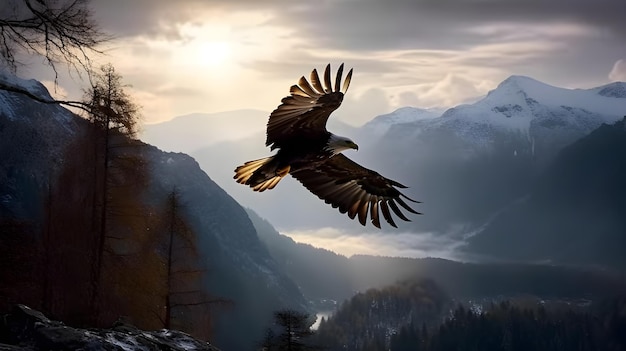 Aigle à tête blanche Haliaeetus Leucocephalus volant dans les airs avec la montagne et les hautes terres en arrière-plan forêt au coucher du soleil du soir