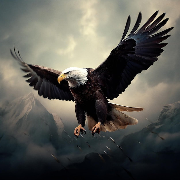 Un aigle à tête blanche volant dans le ciel nuageux avec les ailes ouvertes