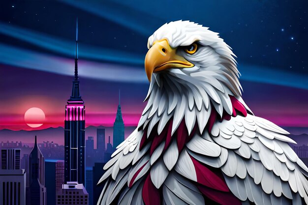 Un aigle avec une ville en arrière-plan
