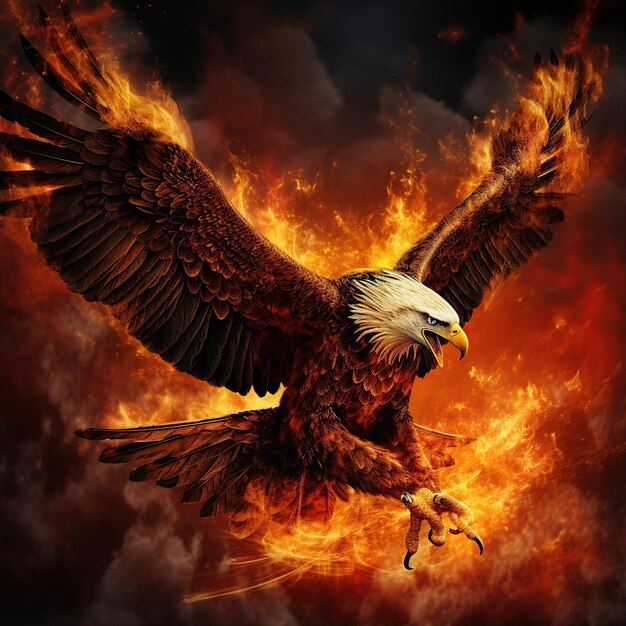 Photo une aigle volant avec des flammes de feu en arrière-plan image générée par l'ia