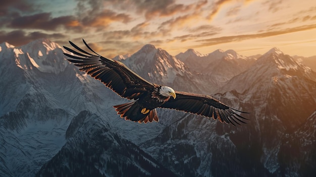 Aigle volant à la montagne avec le coucher du soleil Generative AI