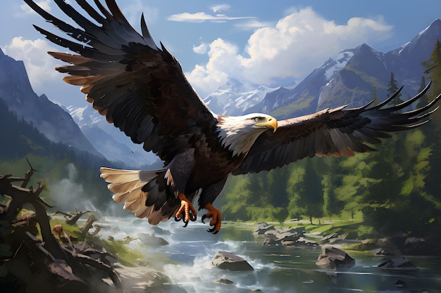 Un aigle vole au-dessus d'une rivière avec de l'eau et des arbres en arrière-plan