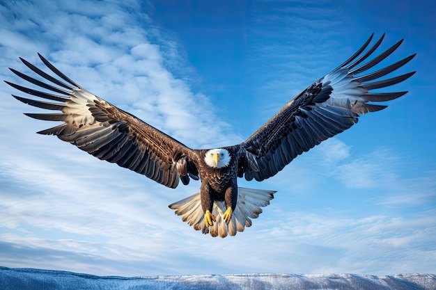 Des aigles gracieux volant à travers le ciel azur capturés en plein vol avec les ailes déployées et les yeux vifs