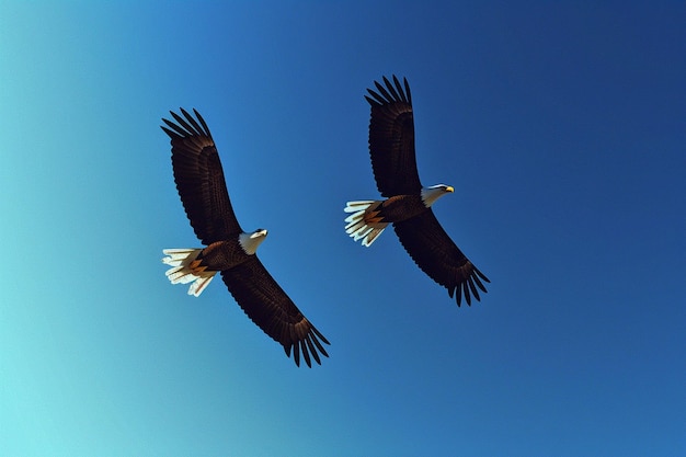 Des aigles à tête blanche majestueux s'élèvent à travers le ciel bleu clair