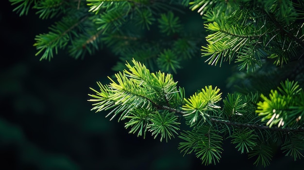 Des aiguilles de pin vert vif sur un fond sombre.