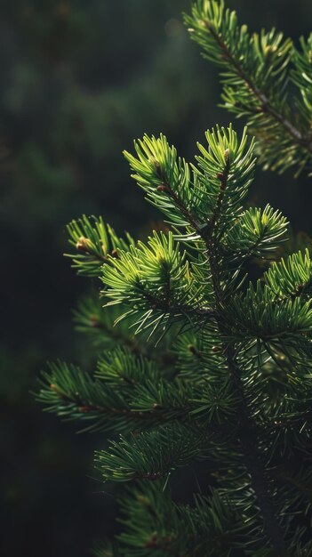 Photo des aiguilles de pin vert vif sur un fond sombre.