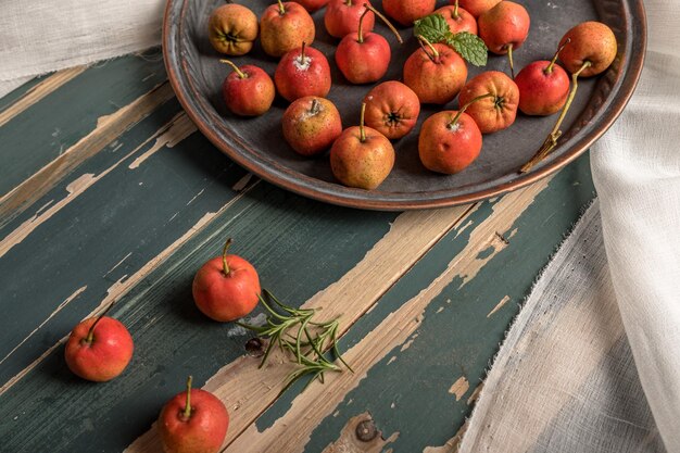 Photo aiguillon rouge sur une assiette ou éparpillé sur une table en bois