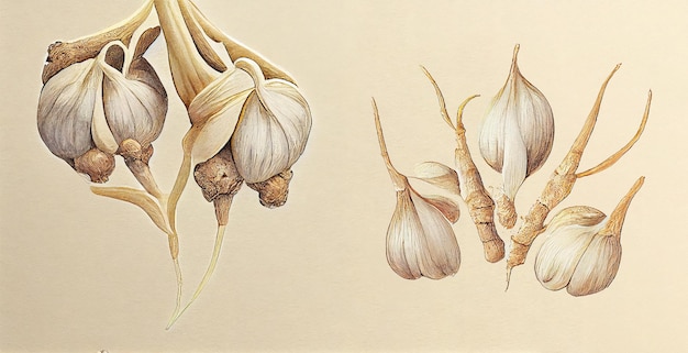 Ail (Allium Sativum). Illustration botanique sur papier blanc. Les meilleures plantes médicinales.