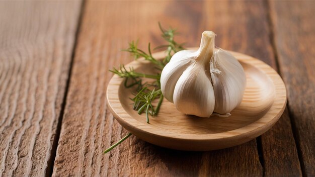 de l'ail sur une assiette en bois avec un ail dessus