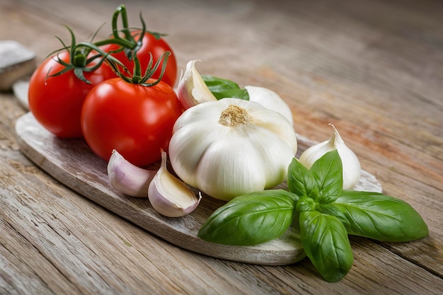 de l'ail de basilic et de la tomate sur un fond en bois