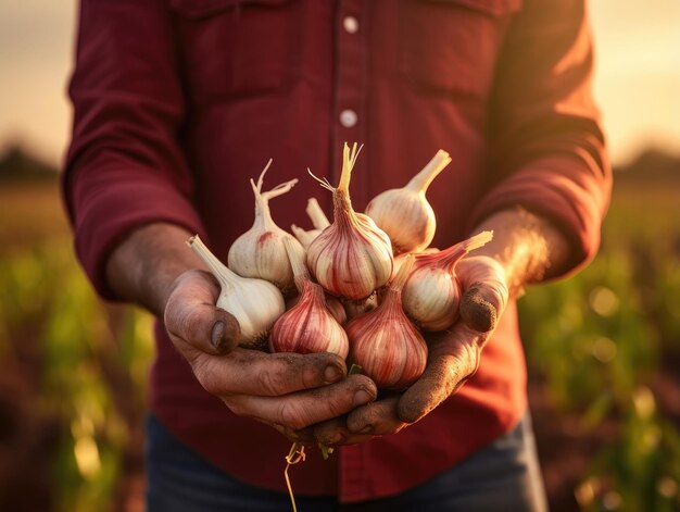 Ail fraîchement récolté dans la main de l'agriculteur, gros plan