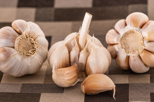 Ail isolé sur fond de tissu à carreaux.