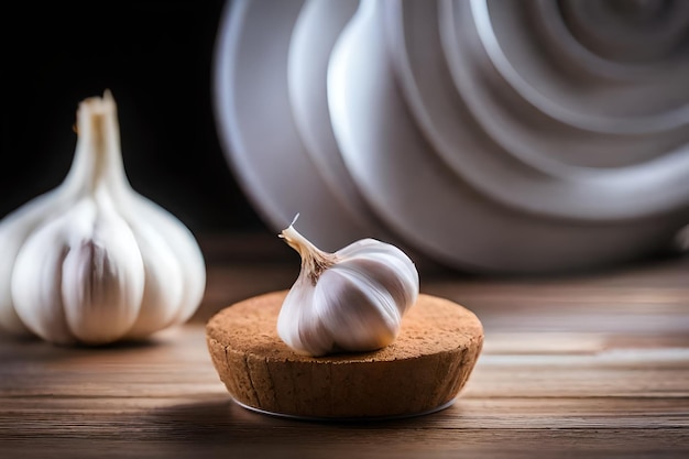 ail sur une table en bois avec un bol d'ail.