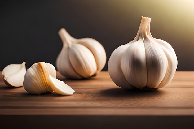 Ail sur une table en bois avec un fond sombre