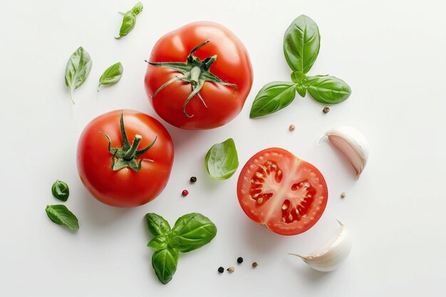 Ail de tomate et basilic isolés sur fond blanc vue de haut