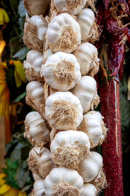 De l'ail tressé devant un magasin en Toscane prêt à la vente