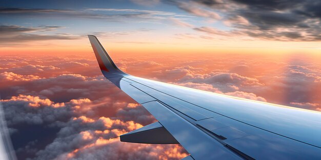 Aile d'avion au coucher du soleil à travers les nuages AI Generative