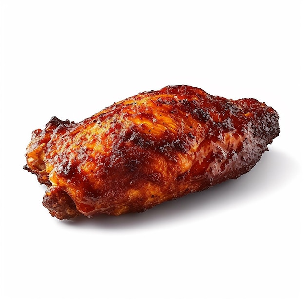 Une aile de poulet est posée sur un fond blanc avec le mot poulet dessus.
