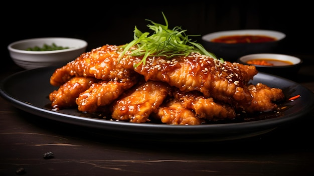 Aile de poulet frit ou poulet frit sur une assiette dans le style de la cuisine thaïlandaise