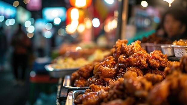 Aile de poulet frite coréenne contre un marché de street food coréen animé