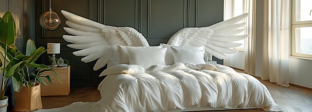 Des ailes d'ange sur le lit.