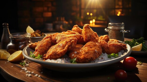 Des ailes de buffle avec de la sauce piquante fondue sur une table en bois avec un fond flou