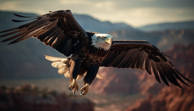 Ailes déployées, le majestueux pygargue à tête blanche prend son envol généré par l'IA