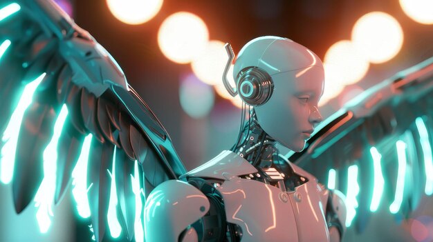Ailes mécaniques de robots AI avancée réfléchissant à des choix éthiques dans un monde posthumain sous des lumières au néon 3D rendu de rétroéclairage effet bokeh vue à écran partagé