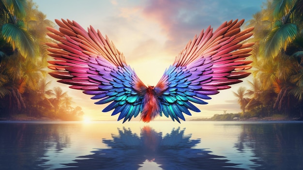 Photo les ailes d'un oiseau aux couleurs vives se reflètent dans l'eau.