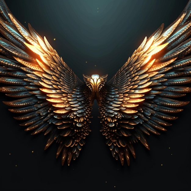 ailes avec des plumes dorées et bleues sur fond sombre ai générative